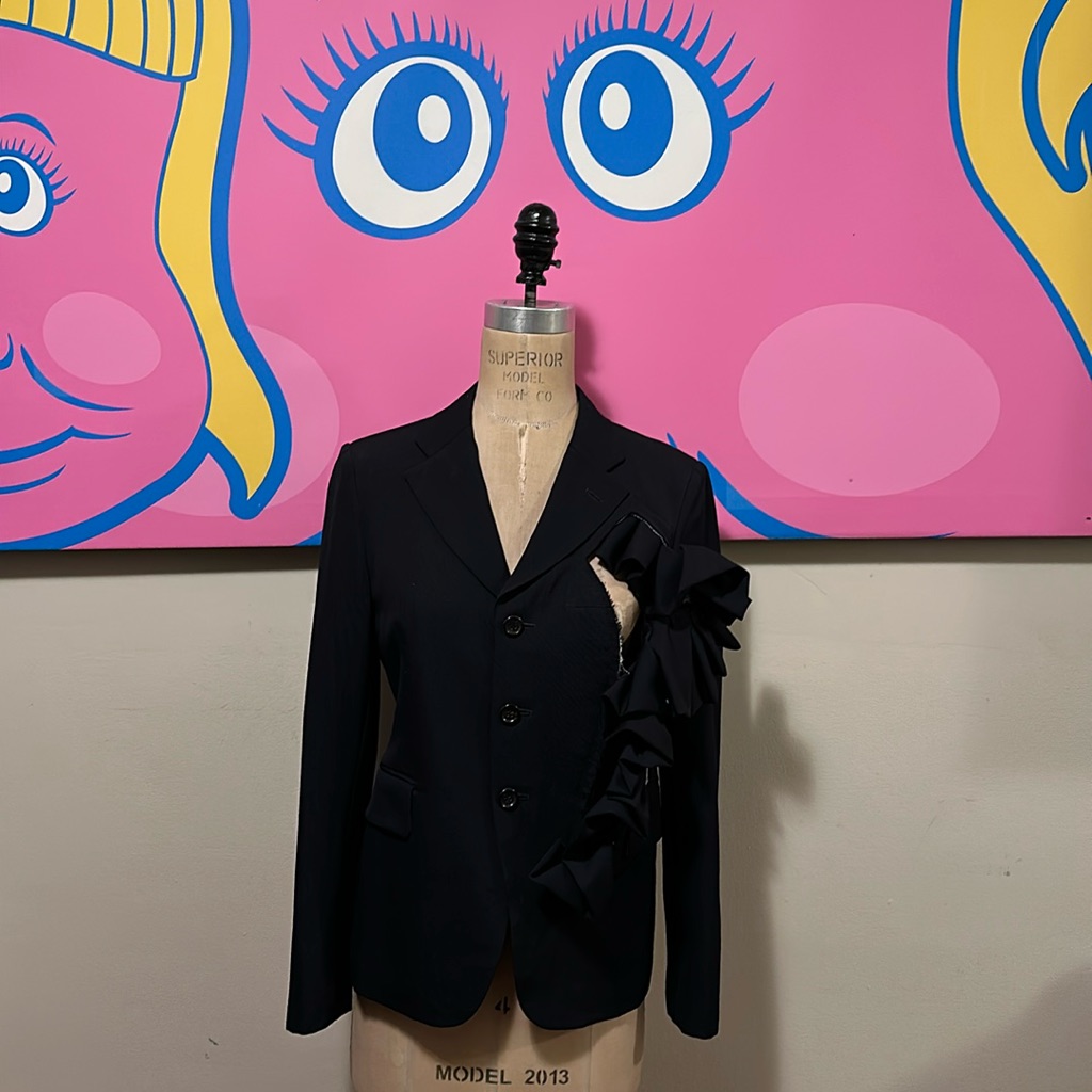 Comme Des Garons Black Wool Cut Open Ruffle Blazer